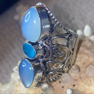 Blue Chalcedony + blue topaz bohemian vintage ring